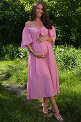 Pink Front Tie Ruffle Sleeve Maternity Midi Dress