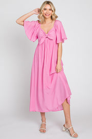 Pink Front Tie Ruffle Sleeve Midi Dress