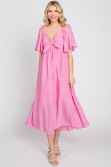 Pink Front Tie Ruffle Sleeve Midi Dress