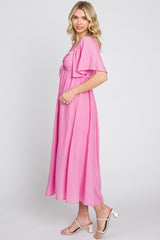 Pink Front Tie Ruffle Sleeve Midi Dress