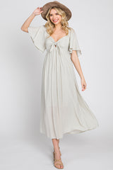 Grey Front Tie Ruffle Sleeve Maternity Midi Dress