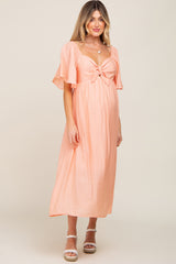 Peach Front Tie Ruffle Sleeve Maternity Midi Dress