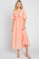 Peach Front Tie Ruffle Sleeve Midi Dress