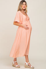 Peach Front Tie Ruffle Sleeve Maternity Midi Dress