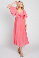 Coral Front Tie Ruffle Sleeve Maternity Midi Dress