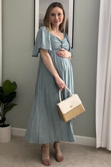 Blue Front Tie Ruffle Sleeve Maternity Midi Dress