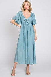 Blue Front Tie Ruffle Sleeve Midi Dress