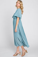 Blue Front Tie Ruffle Sleeve Midi Dress