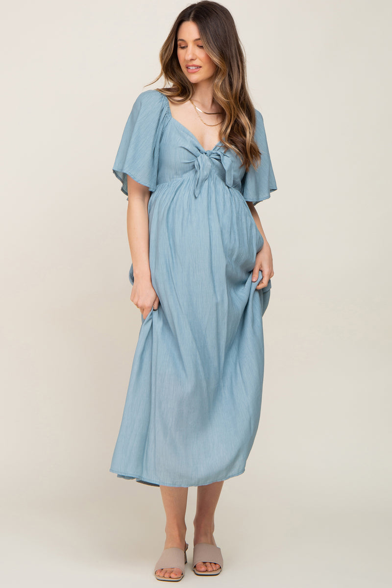 Blue Front Tie Ruffle Sleeve Maternity Midi Dress – PinkBlush