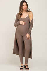 Mocha Ribbed Maternity Jumpsuit Two Piece Set