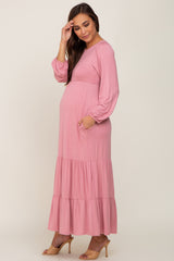 Mauve Long Sleeve Tiered Maternity Maxi Dress