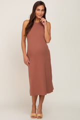 Rust Ribbed Sleeveless A-Line Maternity Midi Dress