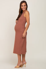 Rust Ribbed Sleeveless A-Line Maternity Midi Dress