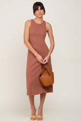 Rust Ribbed Sleeveless A-Line Midi Dress