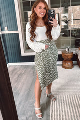 Light Olive Floral Drawstring Front Midi Skirt