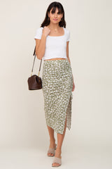 Light Olive Floral Drawstring Front Maternity Midi Skirt