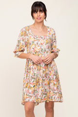 Ivory Floral Ruffle Sleeve Lace-Up Back Maternity Dress