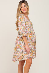 Ivory Floral Ruffle Sleeve Lace-Up Back Maternity Dress