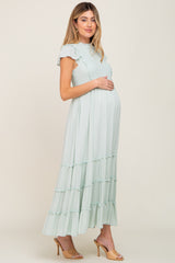 Mint Green Smocked Ruffle Accent Tiered Maternity Maxi Dress