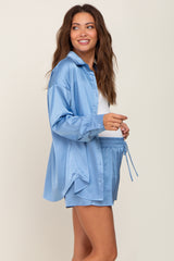 Blue Button Up and Short Satin Maternity Set