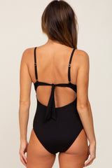 Black Ribbed Ruffle Ruched One Piece Swimsuit