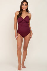 Plum Ribbed Ruffle Ruched Maternity One Piece Swimsuit