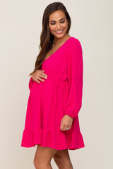 Fuchsia Long Sleeve Gathered Tier Maternity Dress