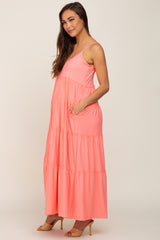 Coral Pink Tiered Sleeveless Maternity Maxi Dress