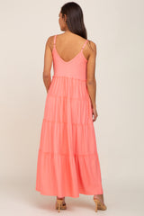 Coral Pink Tiered Sleeveless Maternity Maxi Dress