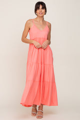 Coral Pink Tiered Sleeveless Maternity Maxi Dress