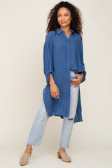 Blue Button Front Side Slit Oversized Blouse