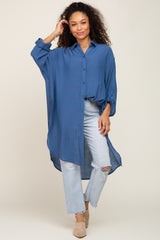 Blue Button Front Side Slit Oversized Blouse