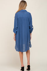 Blue Button Front Side Slit Oversized Maternity Blouse