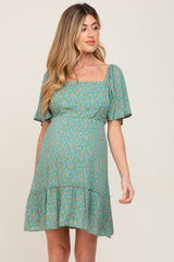 Green Floral Square Neck Smocked Open Back Maternity Dress