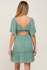 Green Floral Square Neck Smocked Open Back Maternity Dress