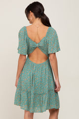 Green Floral Square Neck Smocked Open Back Dress