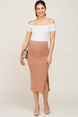 Mocha Ribbed Side Slit Maternity Midi Skirt