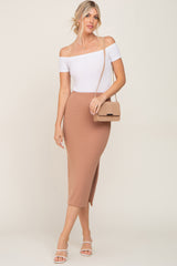 Mocha Ribbed Side Slit Maternity Midi Skirt