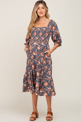 Navy Floral Smocked 3/4 Sleeve Maternity Midi Dress