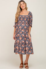 Navy Floral Smocked 3/4 Sleeve Maternity Midi Dress