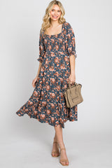 Navy Floral Smocked 3/4 Sleeve Maternity Midi Dress