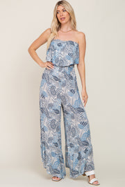 Blue Printed Strapless Ruffle Hem Jumpsuit