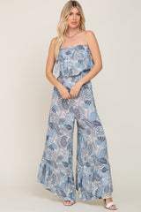 Blue Printed Strapless Ruffle Hem Jumpsuit