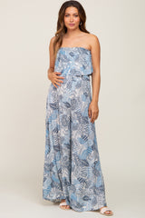 Blue Printed Strapless Ruffle Hem Maternity Jumpsuit