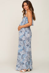 Blue Printed Strapless Ruffle Hem Maternity Jumpsuit