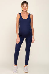 Navy Blue Ribbed Bodycon Maternity Jumpsuit