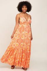 Orange Printed Halter Maternity Dress