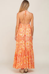 Orange Printed Halter Maternity Dress