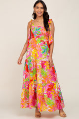 Pink Tropical Print Smocked Tie Sleeve Maternity Maxi Dress