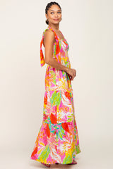 Pink Tropical Print Smocked Tie Sleeve Maxi Dress